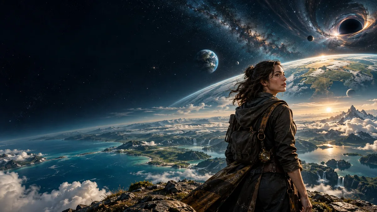 De vrouw uit het spel kijkt uit over een kleurrijk planetenlandschap